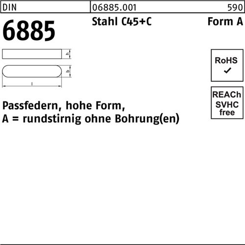 Passfeder DIN 6885 FormA rundstirnig/o.Bohrung A 16x 10x110 Stahl C45+C 10St.