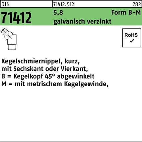 Kegelschmiernippel DIN 71412 FormB-M BM 6x1 SW 9 5.8 galv.verz. 100St.