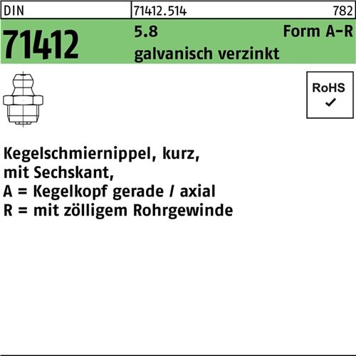 Kegelschmiernippel DIN 71412 FormA-R AR 1/8 SW11 5.8 galv.verz. 100St.