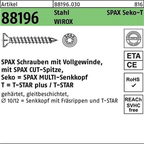 Schraube R 88196 Seko Spitze/T-STAR VG 10x400-T50 Sta galv.verz. WIROX 50St SPAX