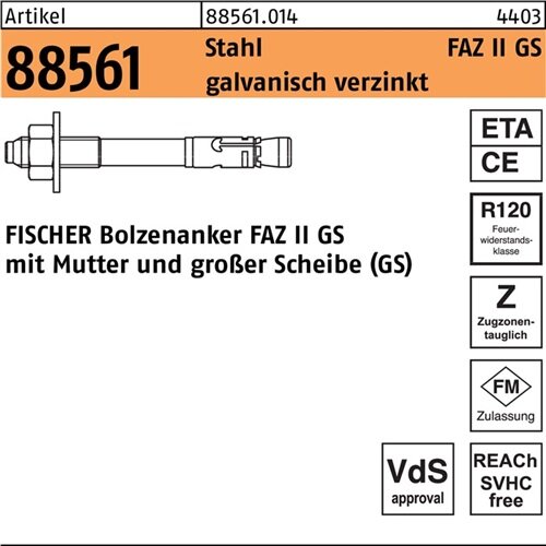 Ankerbolzen R 88561 FAZ II 12/10 GS Stahl galv.verz. 20 St&uuml;ck FISCHER