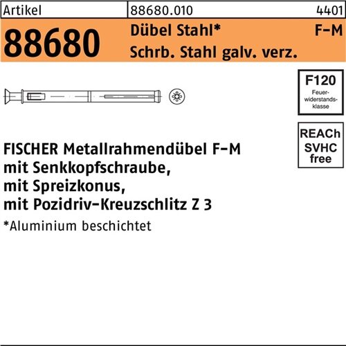 Metallrahmend&uuml;bel R 88680 F 10 M92 Schraube Sta verz./D&uuml;bel Sta 100St. FISCHER