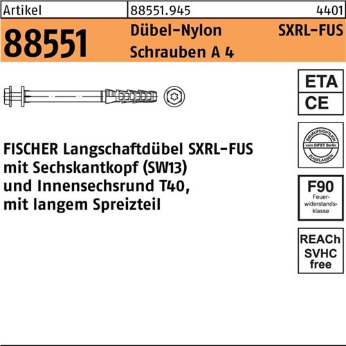 Langschaftd&uuml;bel R 88551 SXRL 10x200 FUS Schrauben A 4/D&uuml;bel-Nylon 50St. FISCHER