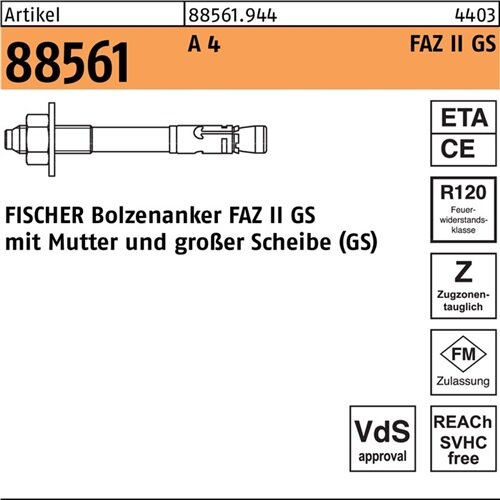 Ankerbolzen R 88561 FAZ II 10/30 GS A 4 50 St&uuml;ck FISCHER
