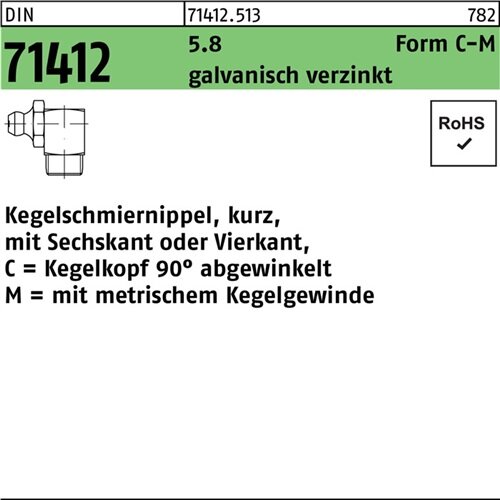 Kegelschmiernippel DIN 71412 FormC-M CM 6x1 SW 9 5.8 galv.verz. 100St.