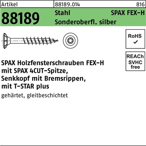 Holzfensterschraube R 88189 Seko Bremsrip T-STAR 4x35-T15 Sta silber 1000St SPAX