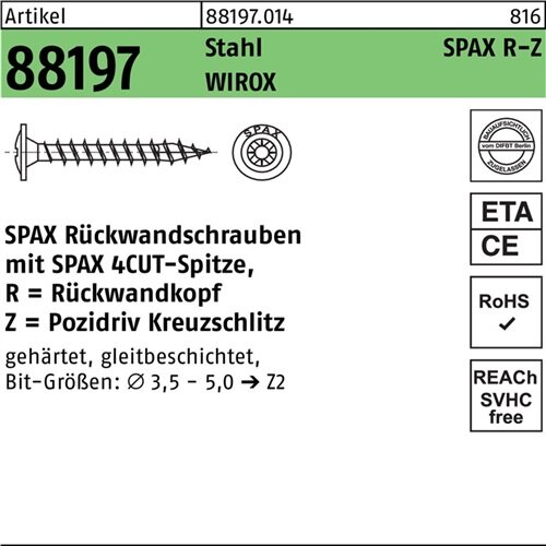 R&uuml;ckwandschraube R 88197 Spitze/PZ 4,5x20/17-Z Sta galv.verz. WIROX 3000St. SPAX
