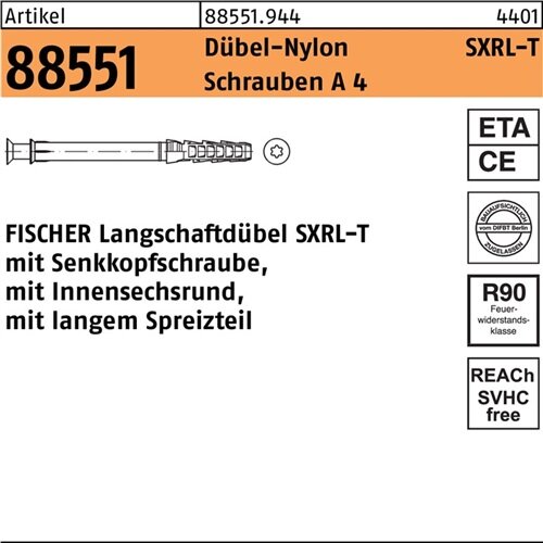 Langschaftd&uuml;bel R 88551 SXRL 10x180 T Schrauben A 4/D&uuml;bel-Nylon 50St&uuml;ck FISCHER