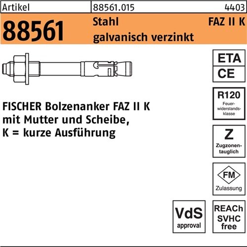 Ankerbolzen R 88561 FAZ II 10/20K Stahl galv.verz. 25 St&uuml;ck FISCHER