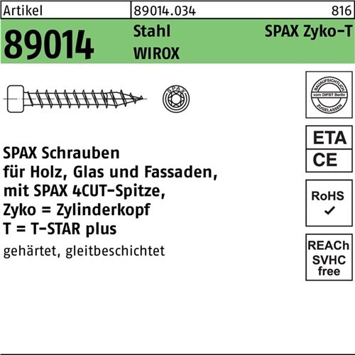 ZYLKOschraube R 89014 T-STAR 8x 260-T40 Stahl WIROX 50 St&uuml;ck SPAX