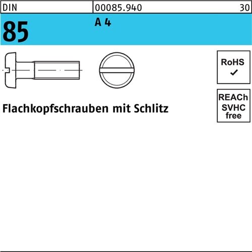 Flachkopfschraube DIN 85/ISO 1580 Schlitz M2x 5 A 4 1000 St&uuml;ck