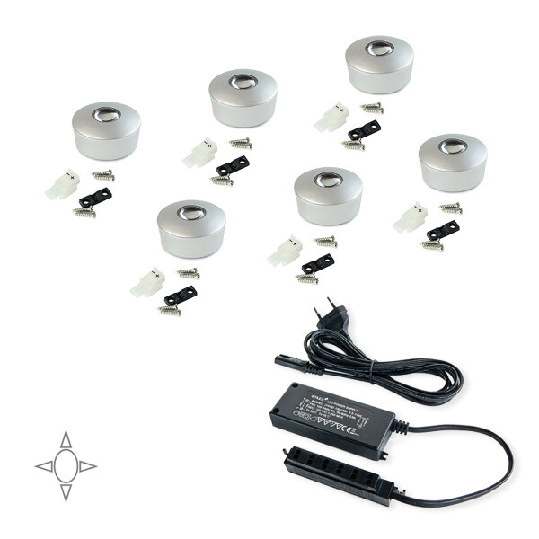 Emuca LED-Einbauleuchten f&uuml;r Schrankinnere, D. 29.5 mm, Konverter 6 W, Kunststoff, Grau metallic, 6 St.