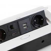 Emuca Mehrfach-Steckerleiste f&uuml;r Tische, 2 USB + 1 HDMI + 2 Schuko-Steckdosen, 265x120mm, Stahl und Aluminium, Wei&szlig;.