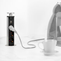Emuca 3-Fach-Steckdose mit 2 USB-Anschl&uuml;ssen Vertikal, zum Einbetten, ausziehbar, Schuko-Steckdosen, Kunststoff, Grau metallic