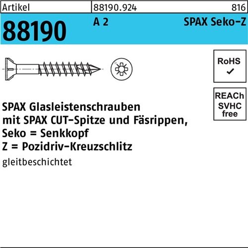 Glasleistenschraube R 88190 Seko PZ 3,5x40/23-Z2 A 2 200St. SPAX