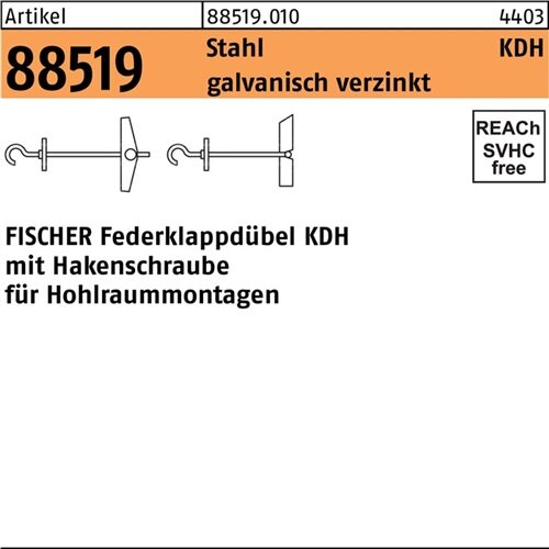 Klappd&uuml;bel R 88519 Hakenschraube KDH 3x105 Stahl galv.verz. 25St. FISCHER